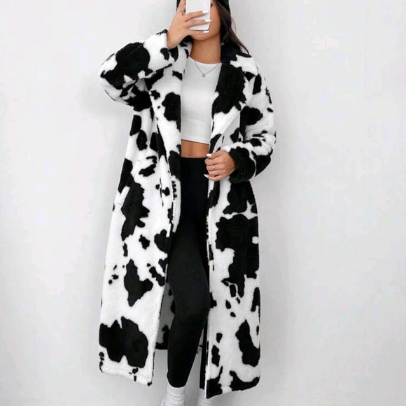 Women's Cow Print Faux Fur Long Coat - Picture 5 of 8